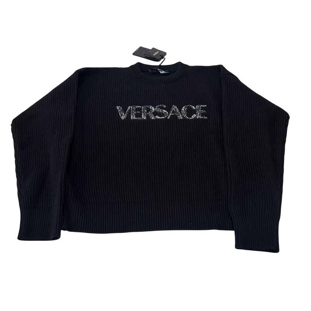 VERSACE Black Crystal Logo Ribbed Cashmere Knit Sweater IT38/US2 NWT $1,990